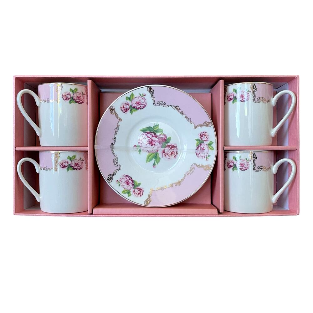 GRACE TEAWARE Spring Pink Floral Set of 4 Porcelain Espresso Cups Saucers NEW